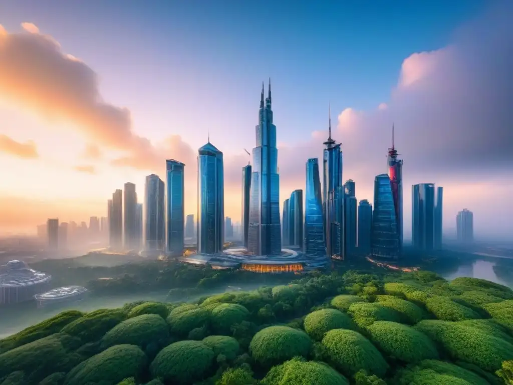 Metrópolis futurista: inversión inmobiliaria de vanguardia Inversión inmobiliaria segura en ciudad futurista con rascacielos modernos y vegetación exuberante al atardecer