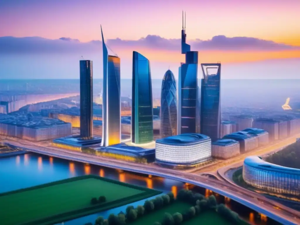 Inversores en el futuro: Oportunidades inmobiliarias en Europa del Este Inversión inmobiliaria en Europa del Este: Skyline futurista de una bulliciosa ciudad al atardecer, con rascacielos modernos reflejando la luz