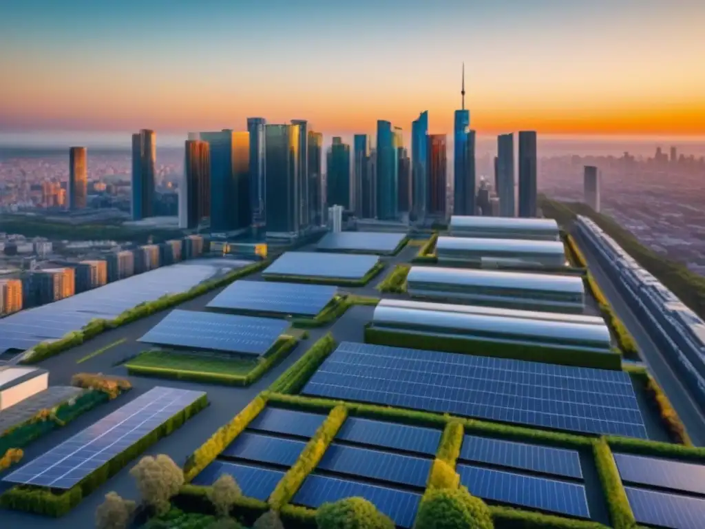 Cityscape sostenible al atardecer: inversión verde en el horizonte Inversión inmobiliaria sostenible: ciudad moderna al atardecer con edificios ecológicos y áreas verdes en rooftop
