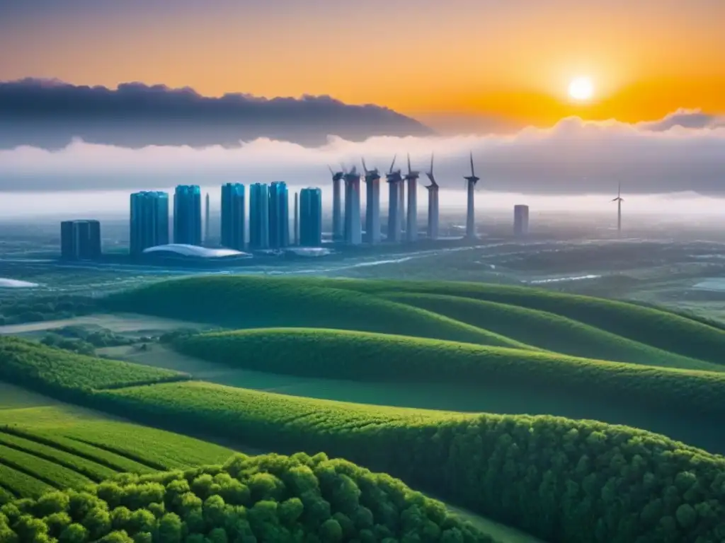 Metrópolis futurista ecoamigable: armonía entre naturaleza y tecnología Inversión inmobiliaria sostenible en PropTech: Ciudad futurista con edificios energéticos y naturaleza en armonía al atardecer