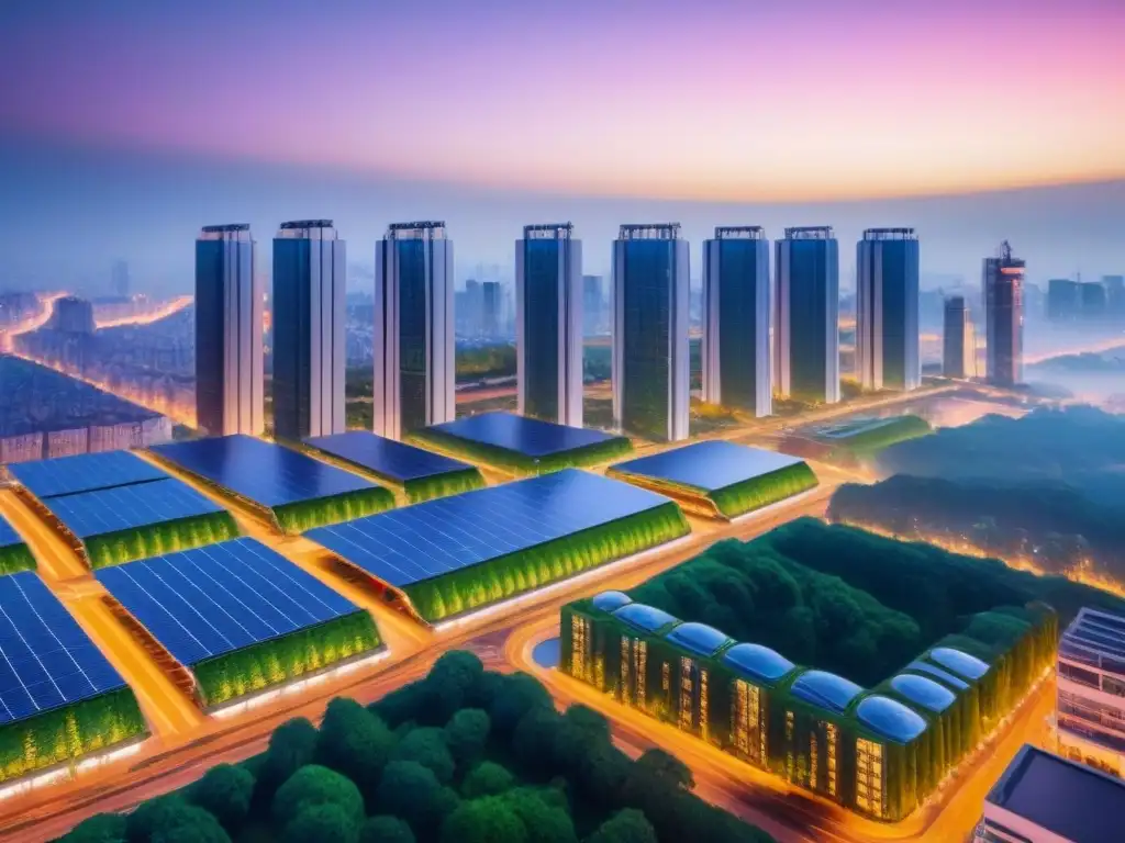 Metrópolis futurista ecoamigable al atardecer Inversión inmobiliaria sostenible en PropTech: Ciudad futurista con rascacielos verdes y energías renovables al atardecer