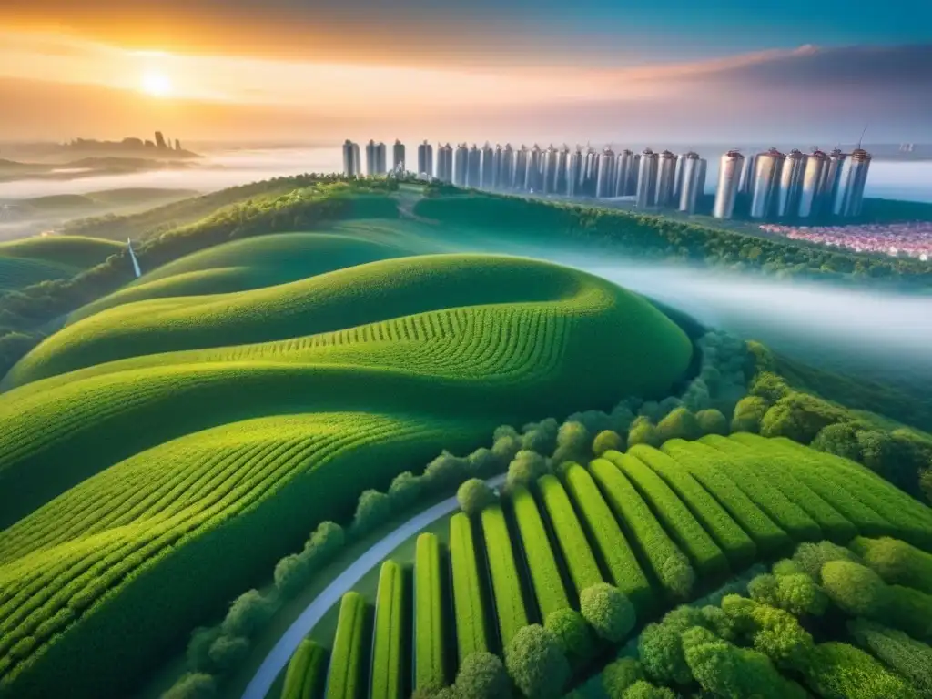 Vista panorámica 8k de ciudad sostenible futurista Inversión inmobiliaria sostenible: ciudad futurista con arquitectura verde y energía renovable, integrando naturaleza y diseño moderno al atardecer