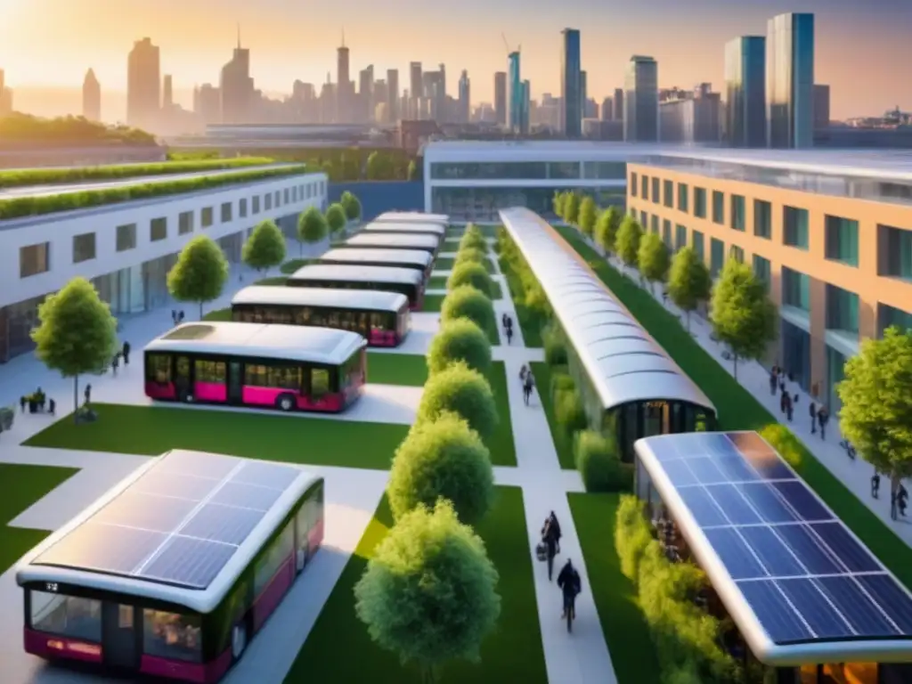 Metrópolis sostenible: arquitectura verde y ciudadanía activa al atardecer Inversión inmobiliaria sostenible en ciudades: Paisaje urbano vibrante con edificios ecofriendly, parque urbano y transporte sostenible al atardecer