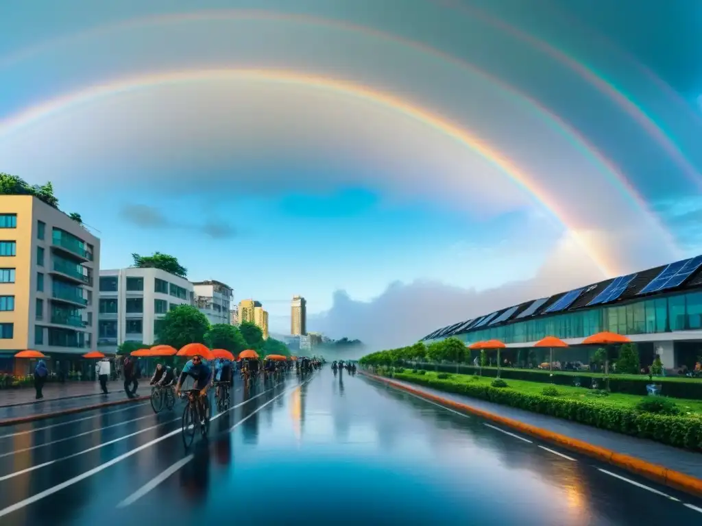 Horizonte urbano sostenible: luces, naturaleza y arcoíris al atardecer Inversión inmobiliaria sostenible en ciudades: atardecer urbano con rascacielos modernos, energía eficiente y espacios verdes