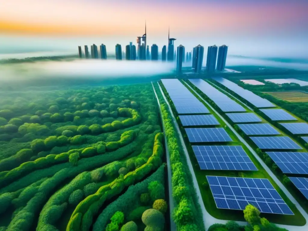 Metrópolis futurista sostenible: innovación urbana verde Inversión inmobiliaria sostenible en ciudades: Ciudad futurista con edificios verdes y paneles solares integrados en un entorno urbano vibrante