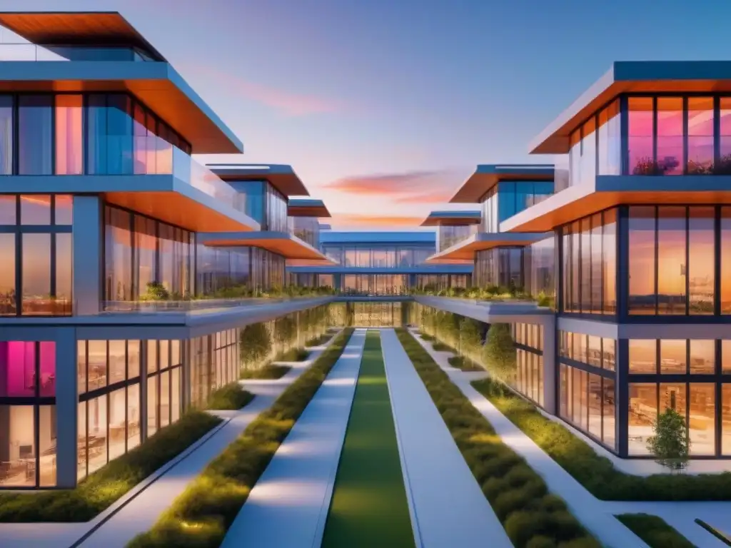 Complejo sostenible futurista: diseño verde y moderno Inversión inmobiliaria sostenible: Edificio futurista con energía renovable, naturaleza exuberante y diseño moderno