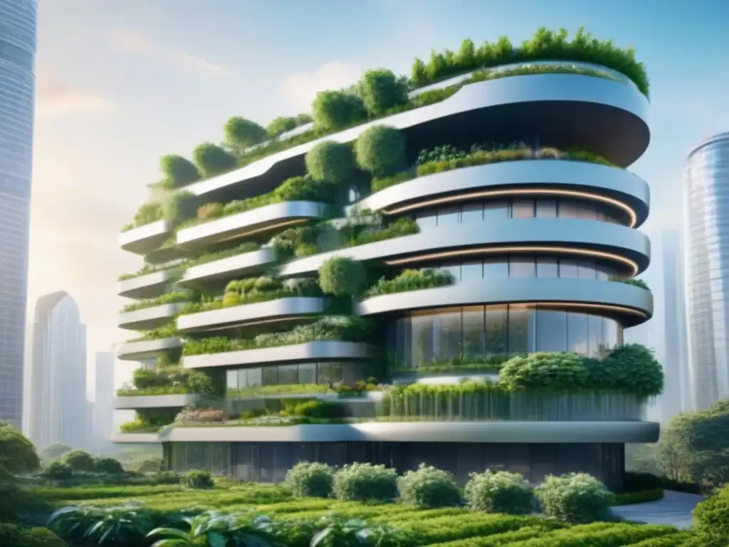 Edificio verde futurista con tecnología PropTech Inversión inmobiliaria sostenible en PropTech: Edificio futurista verde con tecnología avanzada y diseño ecoamigable