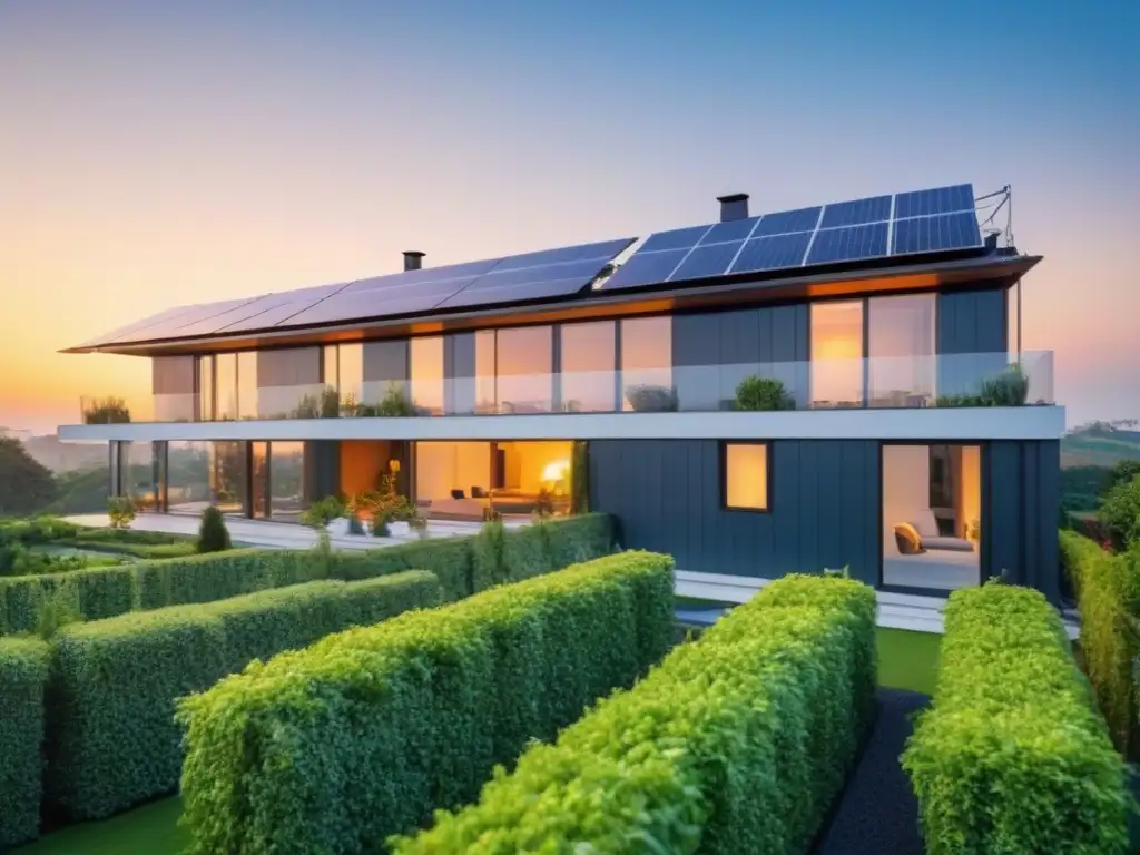 Edificio eco-sostenible con jardín en la azotea y paneles solares Inversión inmobiliaria sostenible frente al cambio climático: moderno edificio rodeado de naturaleza y paneles solares, bajo un vibrante atardecer