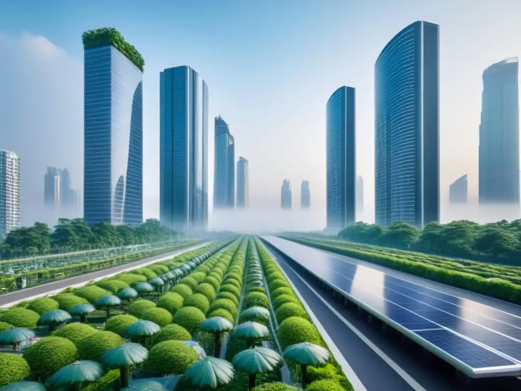 Metrópolis futurista: rascacielos sostenibles en armonía con la naturaleza Inversión inmobiliaria sostenible en PropTech: Futurista ciudad ecológica con rascacielos y tecnologías verdes avanzadas