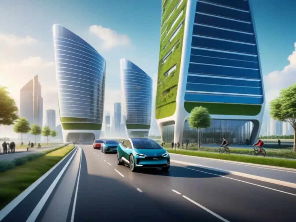 Complejo ecoinnovador: arquitectura verde y tecnología sostenible en acción Inversión inmobiliaria sostenible en PropTech: Futurista complejo con rascacielos ecológicos y tecnología verde
