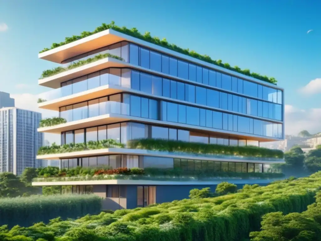 Edificio ecoinnovador: PropTech sostenible en 8K Inversión inmobiliaria sostenible en PropTech: Futuro edificio ecoamigable con tecnologías verdes y jardines verticales