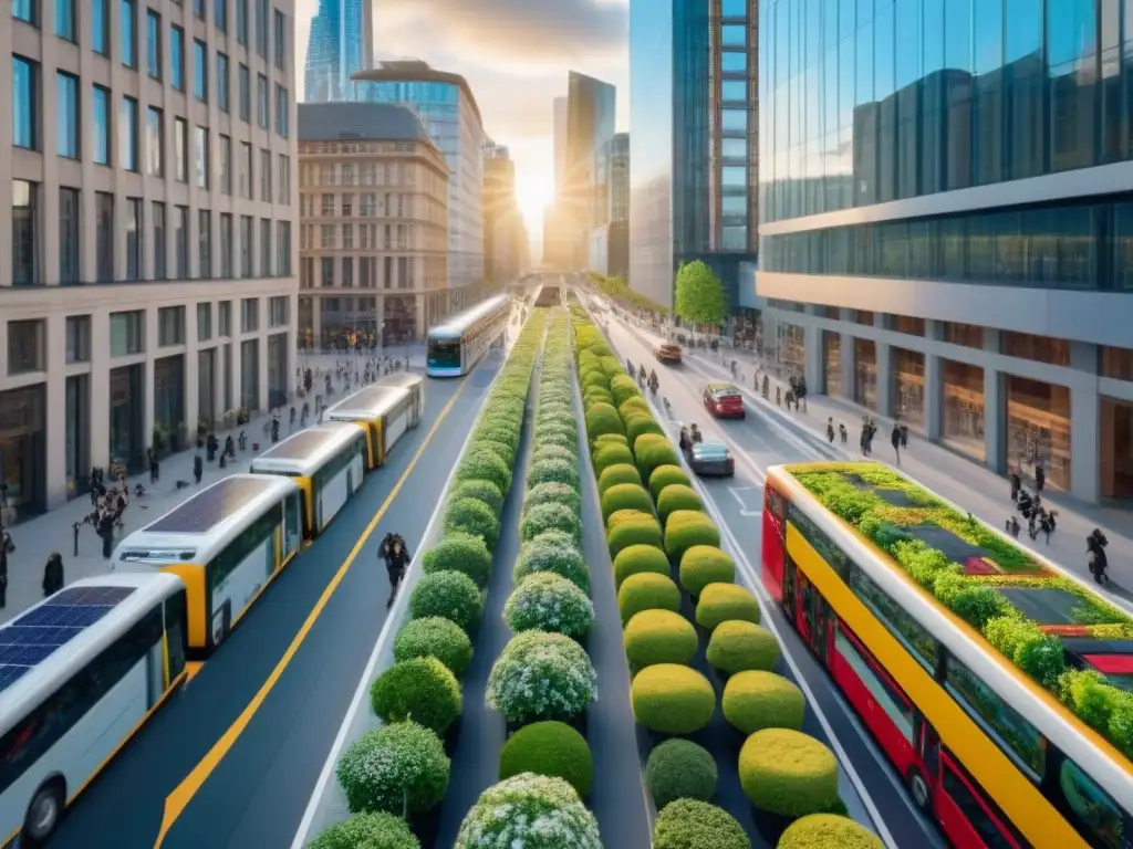 Metrópolis sostenible: integración urbana y ambiental en 8k Inversión inmobiliaria sostenible internacional: ciudad con arquitectura moderna, techos verdes y transporte público eficiente