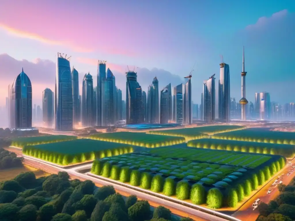Horizonte futurista sostenible: ciudad 8k eco-tecnológica Inversión inmobiliaria sostenible internacional: Ciudad futurista con edificios verdes, energías renovables y vehículos eléctricos