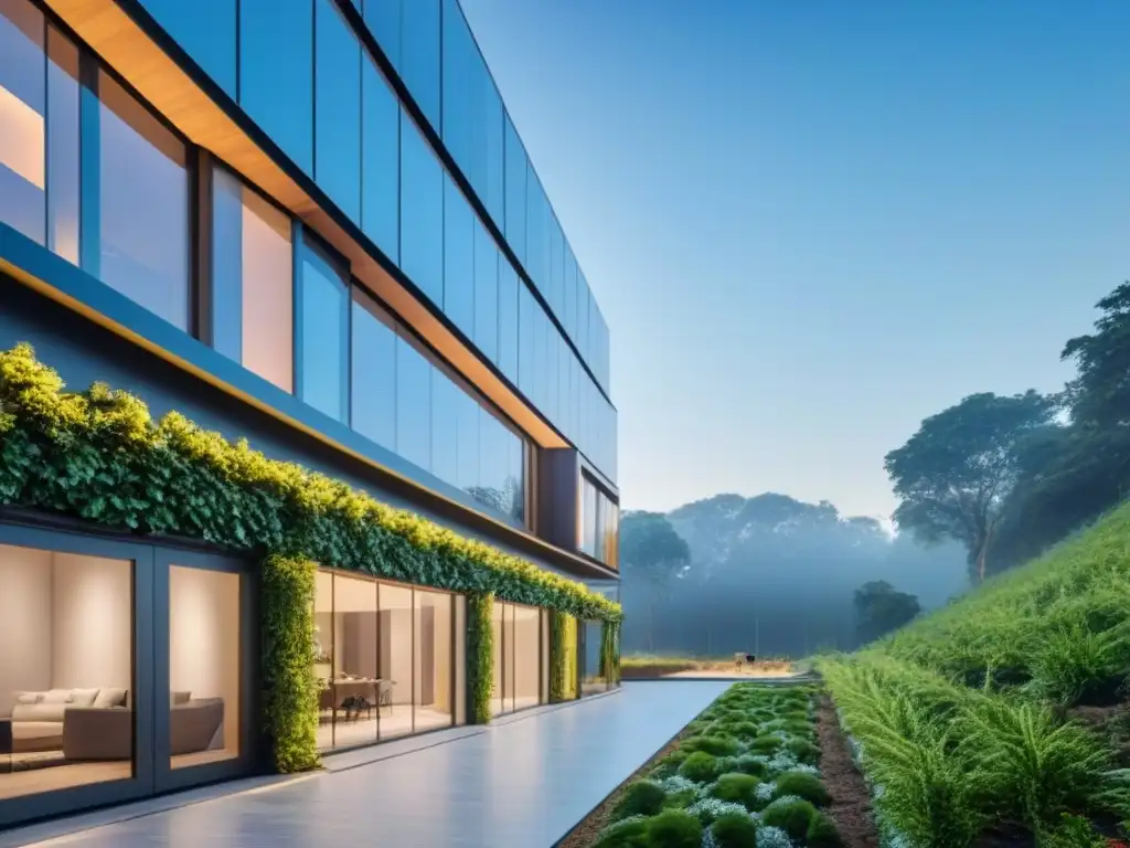 Edificio verde sostenible: diseño moderno en armonía con la naturaleza Inversión inmobiliaria sostenible internacional: Edificio verde con arquitectura moderna y paneles solares, rodeado de naturaleza