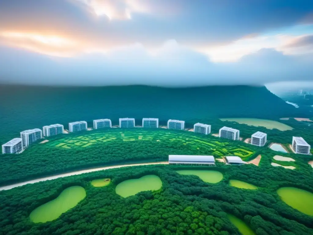 Innovador desarrollo inmobiliario sostenible: arquitectura futurista en armonía con la naturaleza Inversión inmobiliaria sostenible internacional: Desarrollo urbano ecoamigable y futurista integrado con la naturaleza