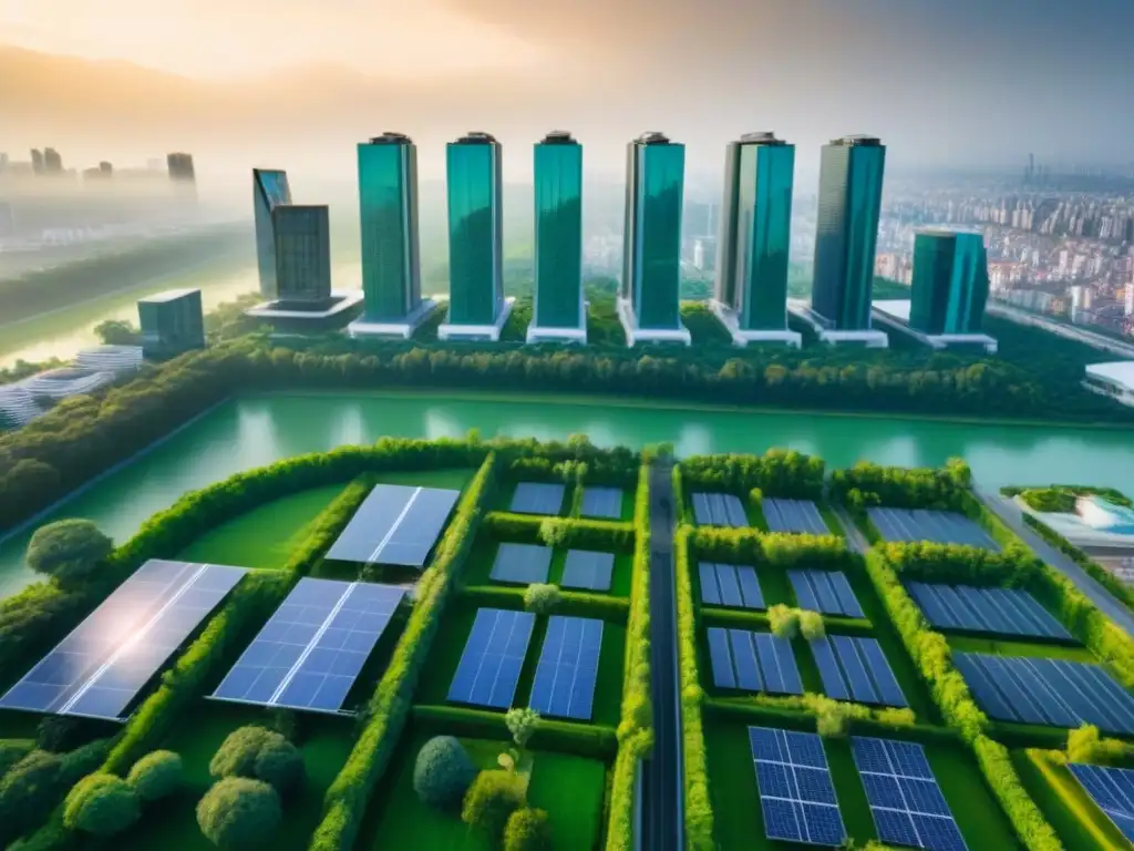 Arquitectura sostenible: ciudad moderna en armonía con la naturaleza Inversión inmobiliaria sostenible internacional: Ciudad moderna con arquitectura ecológica y naturaleza integradas armónicamente