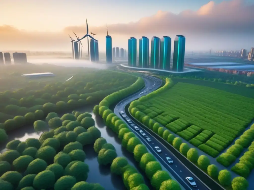 Metrópolis sostenible del futuro: 8k detalle de ciudad verde y eficiente Inversión inmobiliaria sostenible internacional: Ciudad futurista con rascacielos energéticos y espacios verdes vibrantes