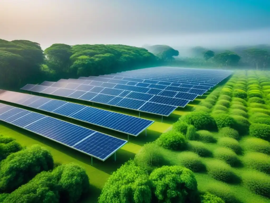 Desarrollo inmobiliario sostenible: modernidad y naturaleza en armonía Inversión inmobiliaria sostenible internacional: Edificios modernos rodeados de naturaleza y paneles solares en un desarrollo innovador