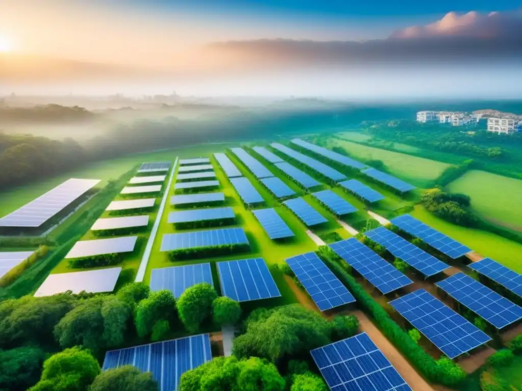 Desarrollo inmobiliario sostenible: armonía entre ciudad y naturaleza Inversión inmobiliaria sostenible internacional: Desarrollo urbano ecoamigable con modernos edificios, paneles solares y espacios verdes