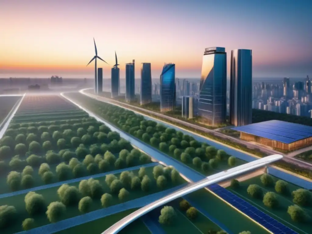 Metrópolis sostenible: fusión perfecta entre naturaleza y tecnología Inversión inmobiliaria sostenible internacional: Ciudad futurista con arquitectura eco en atardecer vibrante
