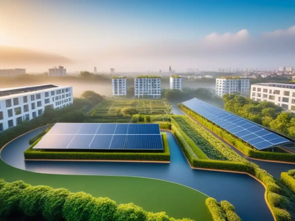 Complejo residencial sostenible: oasis verde en la ciudad Inversión inmobiliaria sostenible internacional: Complejo residencial sostenible con jardines en azoteas y paneles solares, integrado en la ciudad