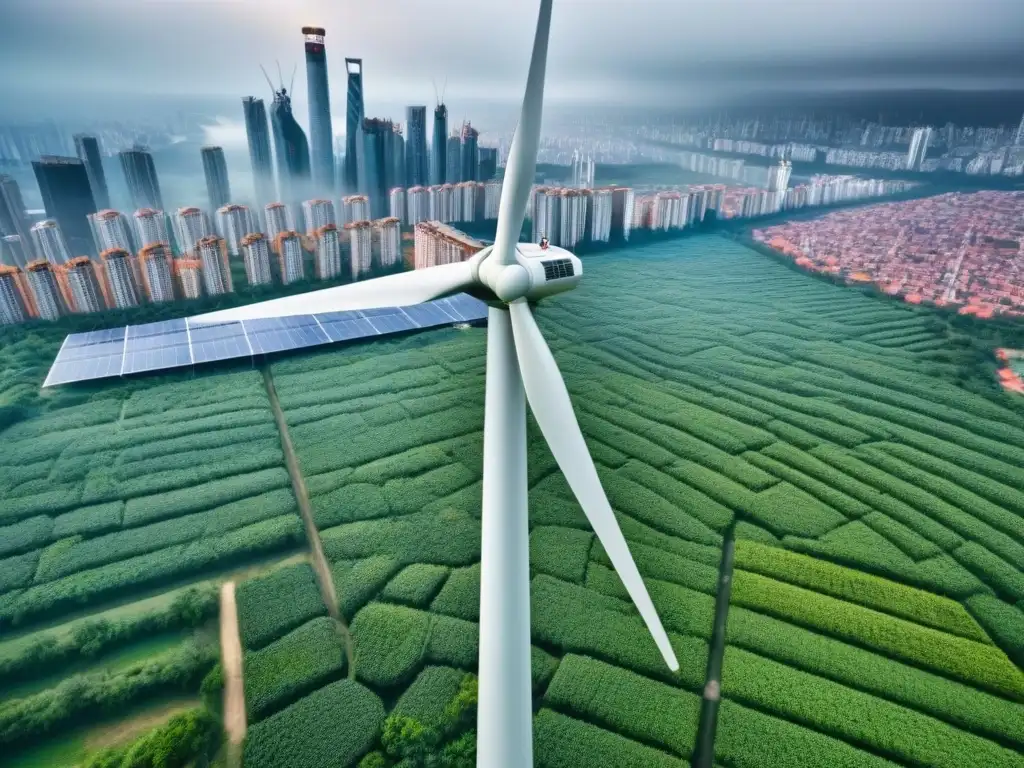 Rascacielos sostenible en ciudad emergente: arquitectura verde innovadora Inversión inmobiliaria sostenible en mercados emergentes: un rascacielos verde con paneles solares y jardines verticales en una ciudad vibrante