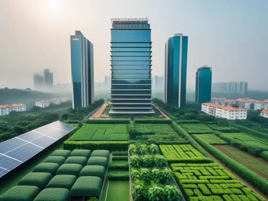 Rascacielos sostenible en ciudad emergente: Arquitectura innovadora y verde Inversión inmobiliaria sostenible en mercados emergentes: moderno rascacielos rodeado de naturaleza y paneles solares en ciudad emergente
