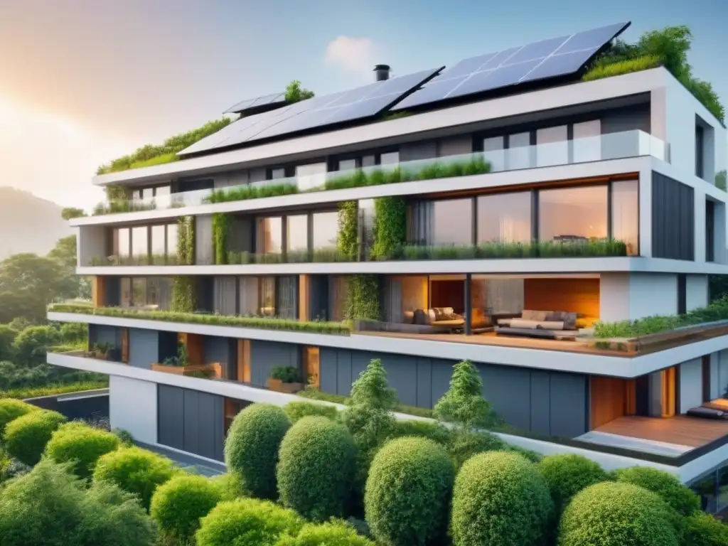 Edificio eco-sostenible rodeado de naturaleza y paneles solares Inversión inmobiliaria sostenible a nivel global: Edificio ecológico rodeado de naturaleza, paneles solares y jardín en la azotea