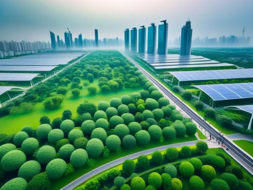 Visión futurista de una ciudad sostenible y ecológica Inversión inmobiliaria sostenible a nivel global: Vista aérea de una ciudad ecoamigable con techos verdes, paneles solares y parques