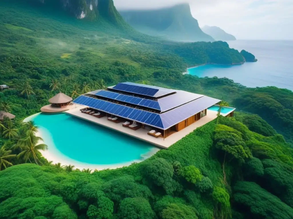 Ecoresort de lujo en armonía con la naturaleza Inversión inmobiliaria sostenible a nivel global: Ecoresort lujoso entre montañas, mar turquesa y huéspedes disfrutando de actividades eco