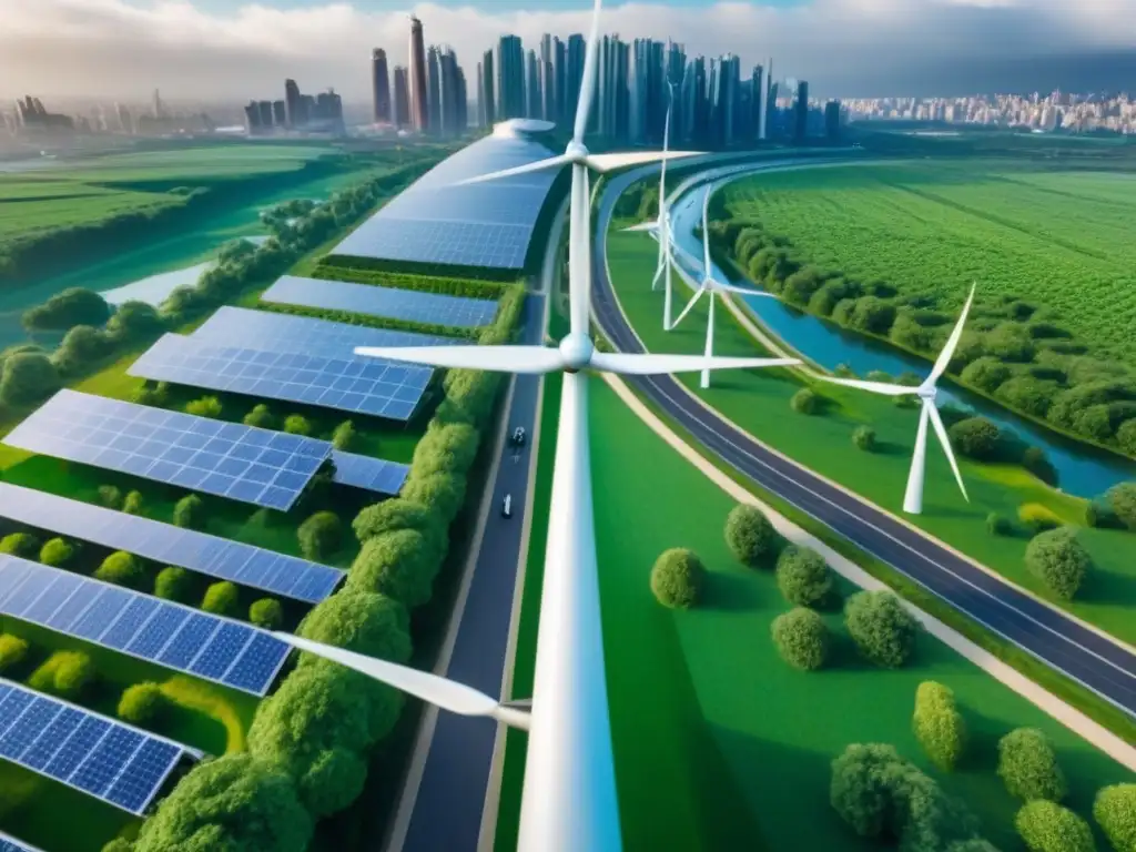 Metrópolis sostenible del futuro: un oasis urbano verde Inversión inmobiliaria sostenible con normativas ambientales: Una ciudad futurista y sostenible con techos verdes, paneles solares y turbinas eólicas