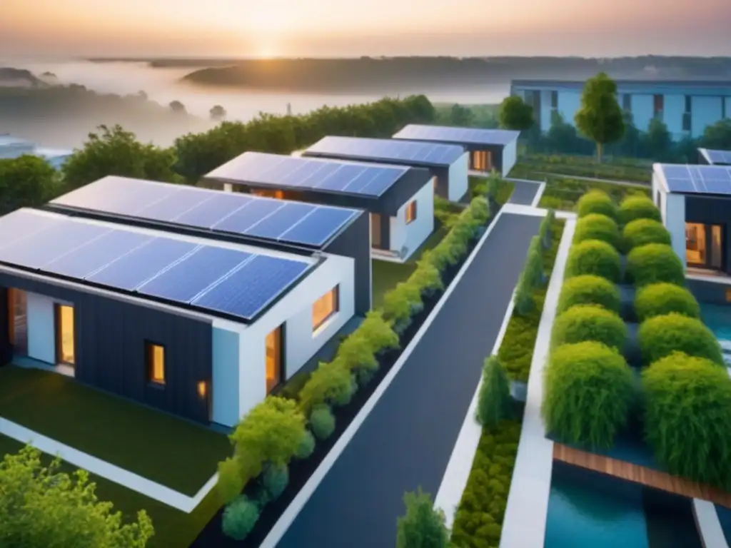 Complejo eco-sostenible: comunidad vibrante y verde al atardecer Inversión inmobiliaria sostenible normativas ambientales: Complejo residencial ecoamigable con techos verdes y paneles solares al atardecer