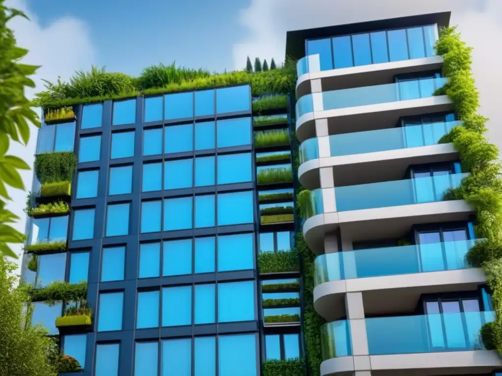 Rascacielos sostenible rodeado de naturaleza: diseño moderno y ecoamigable Inversión inmobiliaria sostenible: rascacielos moderno rodeado de vegetación, paneles solares y cielo azul
