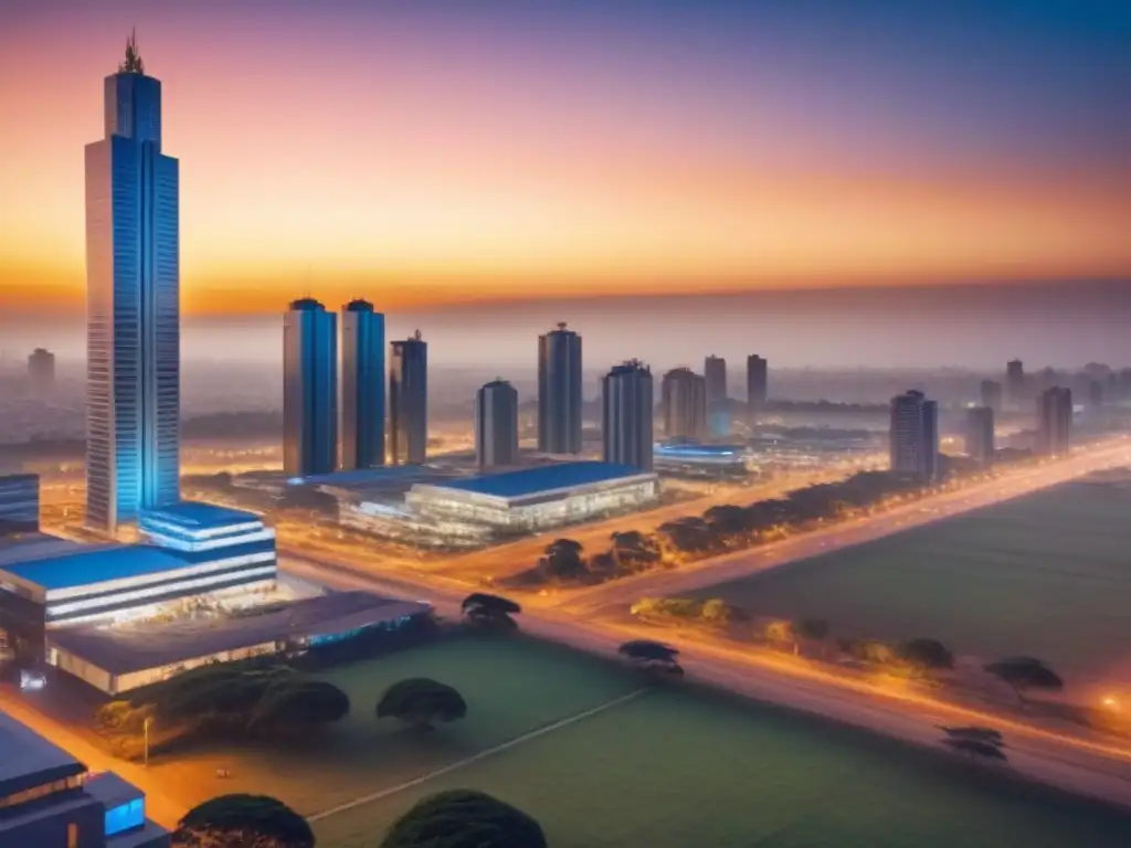Oportunidades inmobiliarias en África: crecimiento y colaboración Inversión inmobiliaria en África Subsahariana: Escena vibrante con rascacielos modernos y profesionales colaborando al atardecer