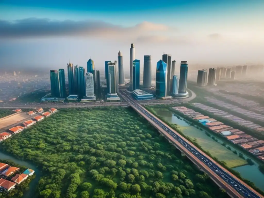 Horizonte urbano africano: mezcla de tradición y modernidad Inversión inmobiliaria en África Subsahariana: Skyline vibrante de una ciudad en crecimiento rodeada de vegetación exuberante y calles animadas