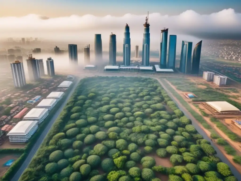 Metrópolis en crecimiento: paisaje urbano de África Subsahariana Inversión inmobiliaria en África Subsahariana: Vista aérea de ciudad en desarrollo, entre rascacielos y edificaciones tradicionales, rodeada de exuberante naturaleza