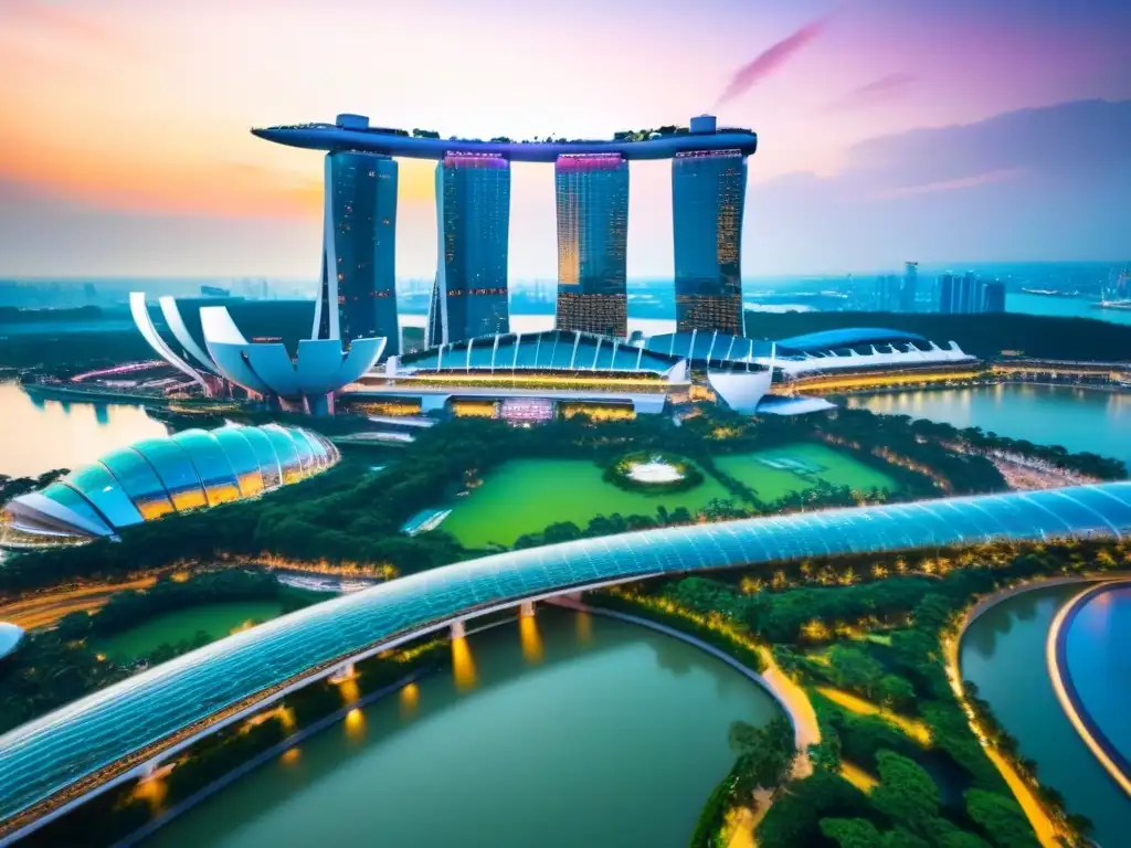 Puesta de sol en Singapur: skyline urbano y naturaleza exuberante Inversión inmobiliaria en el sudeste asiático: Vista aérea impresionante del skyline de Singapur al atardecer