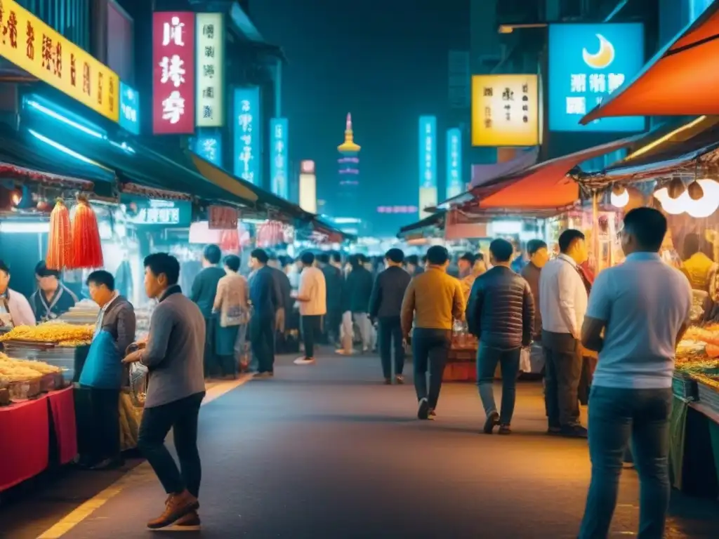Vibrante mercado nocturno en Taipei, Taiwán: diversidad cultural en 8k Inversión inmobiliaria en Taiwán: Mercado nocturno animado en Taipei, lleno de luces neón y puestos de comida callejera