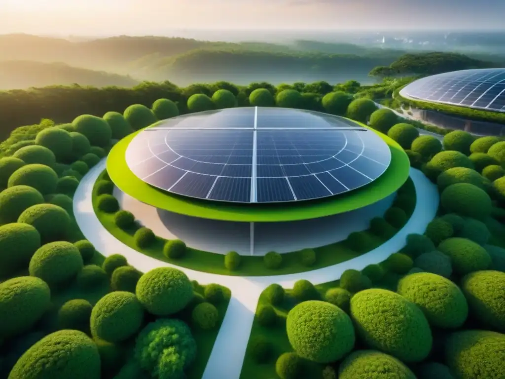 Inversión inmobiliaria con tecnologías verdes: complejo futurista rodeado de naturaleza, paneles solares y turbinas eólicas al atardecer
