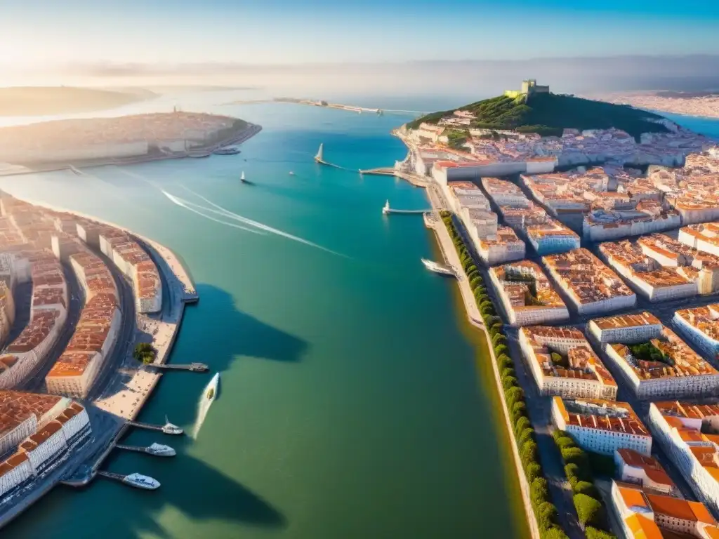 Vibrante Lisboa: arquitectura histórica y moderna junto al río Tajo Inversión inmobiliaria Lisboa tendencias: Vista aérea de Lisboa, Portugal, mezclando arquitectura histórica y rascacielos modernos junto al río Tajo