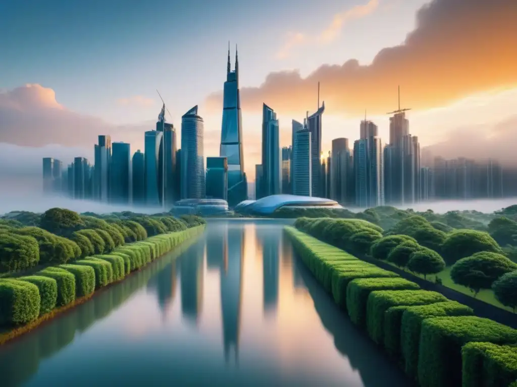 Horizonte futurista: rascacielos y naturaleza en armonía Inversión inmobiliaria en tiempos de inflación: ciudad futurista con rascacielos y naturaleza en armonía al atardecer