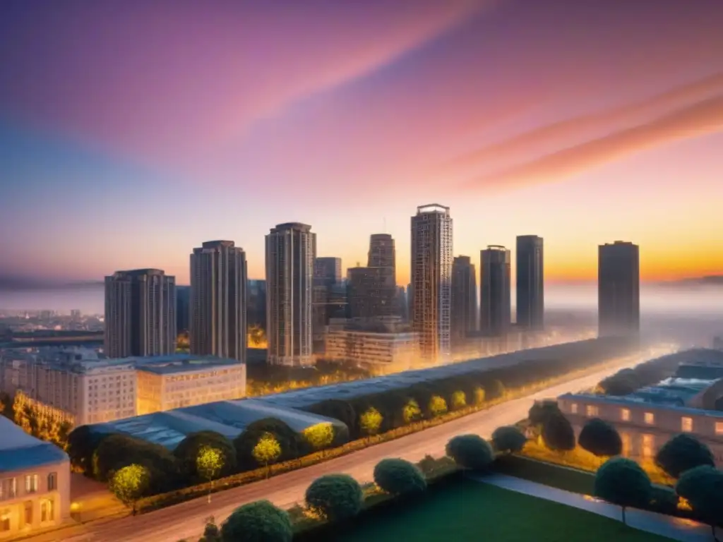 Resplandor urbano al atardecer: lujo y modernidad en la ciudad Inversión inmobiliaria en tiempos de inflación: Edificio de lujo en ciudad vibrante al atardecer