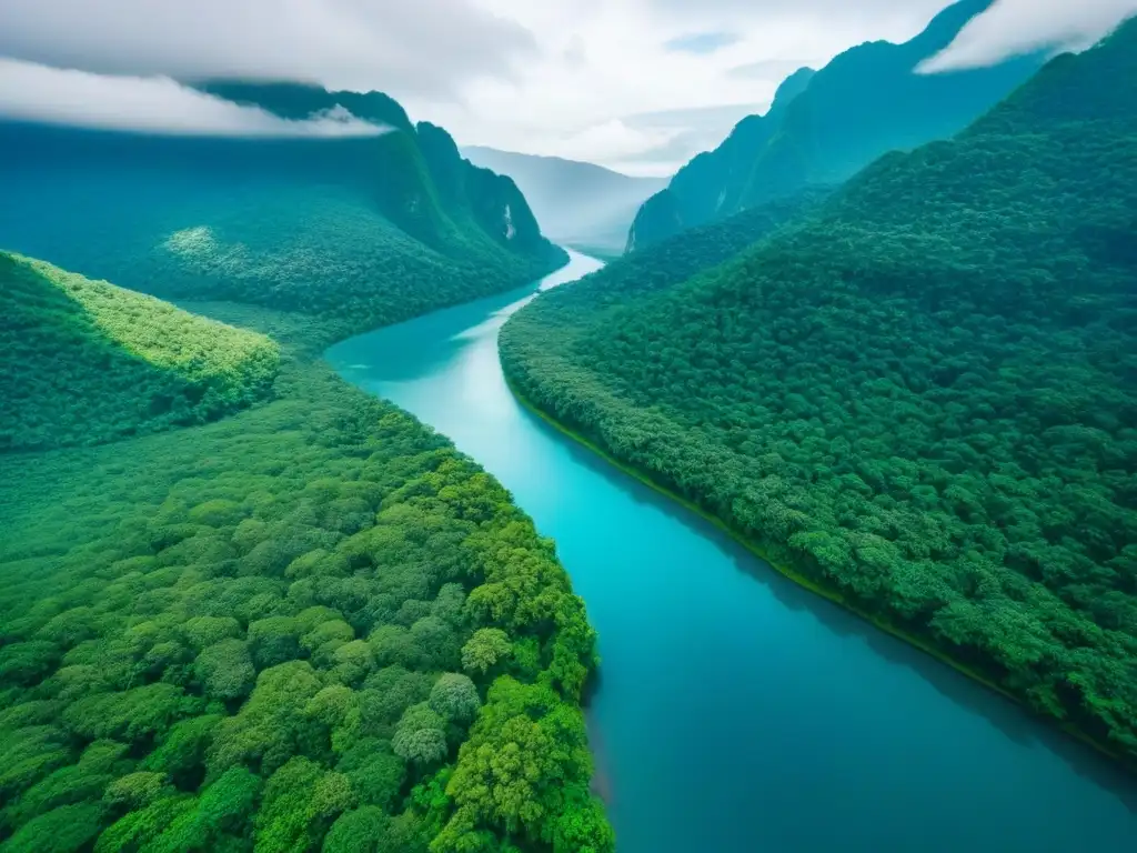 Paraíso ecoturístico: selva exuberante y río cristalino Inversión inmobiliaria turismo ecológico: Vista aérea impresionante de la exuberante selva con río y montañas