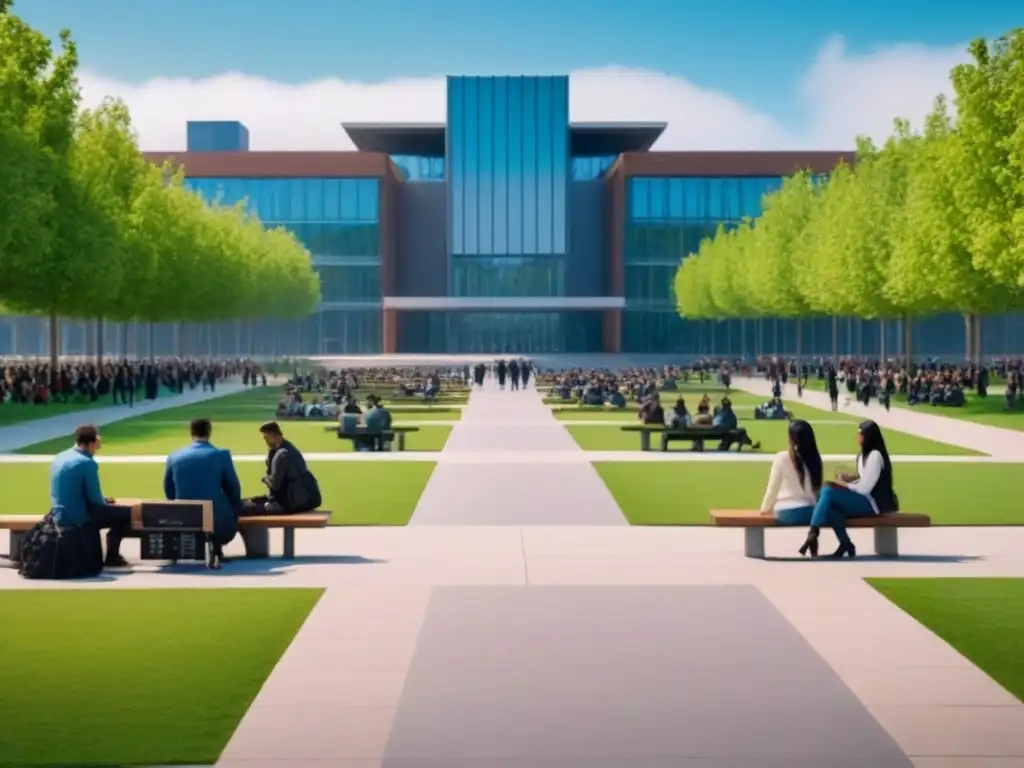 Campus universitario moderno y verde: imagen 8k de alto detalle Inversión inmobiliaria en universidades internacionales: Campus universitario moderno y bullicioso con arquitectura futurista y espacios verdes