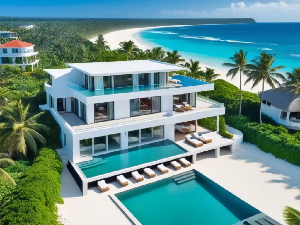 Propiedad vacacional de lujo frente al mar entre palmeras Inversión inmobiliaria vacacional costera: lujosa propiedad frente al mar con diseño moderno y elegante, rodeada de palmeras y una playa prístina