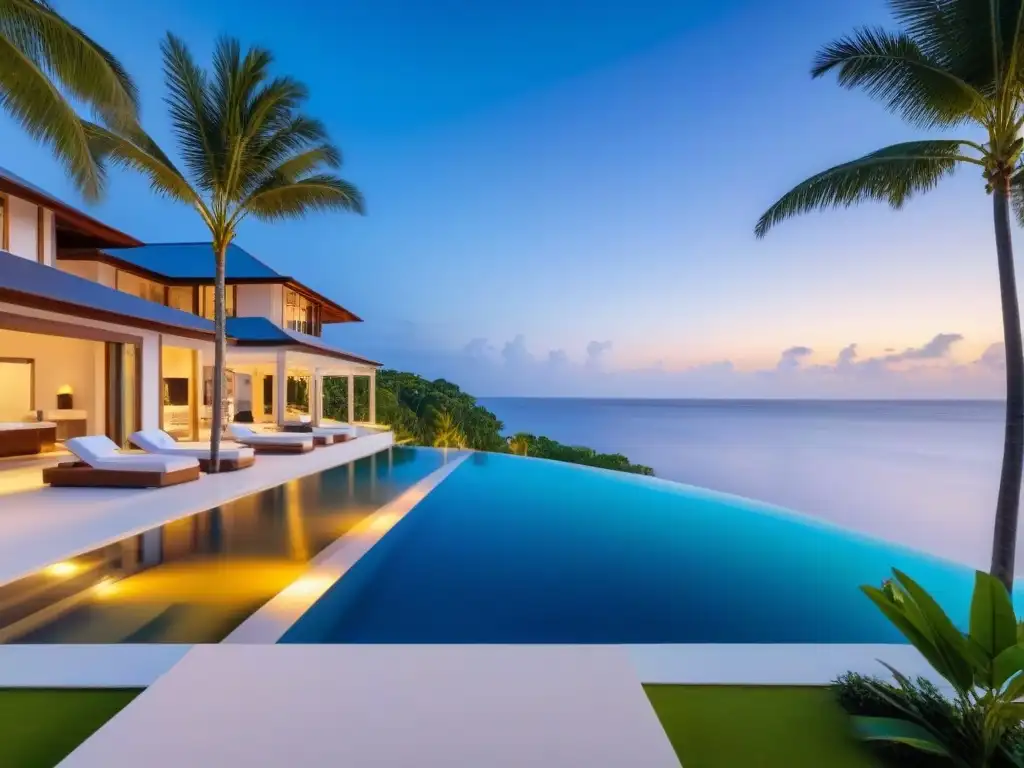 Villa de lujo frente al mar con piscina infinita y atardecer vibrante Inversión inmobiliaria vacacional internacional: lujosa villa frente a la playa con piscina infinita y vistas al mar