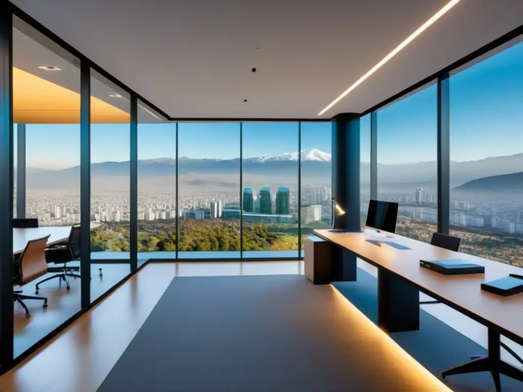 Inversión inmobiliaria en Chile: Edificio vanguardista en Santiago con diseño futurista y vistas a la ciudad y montañas