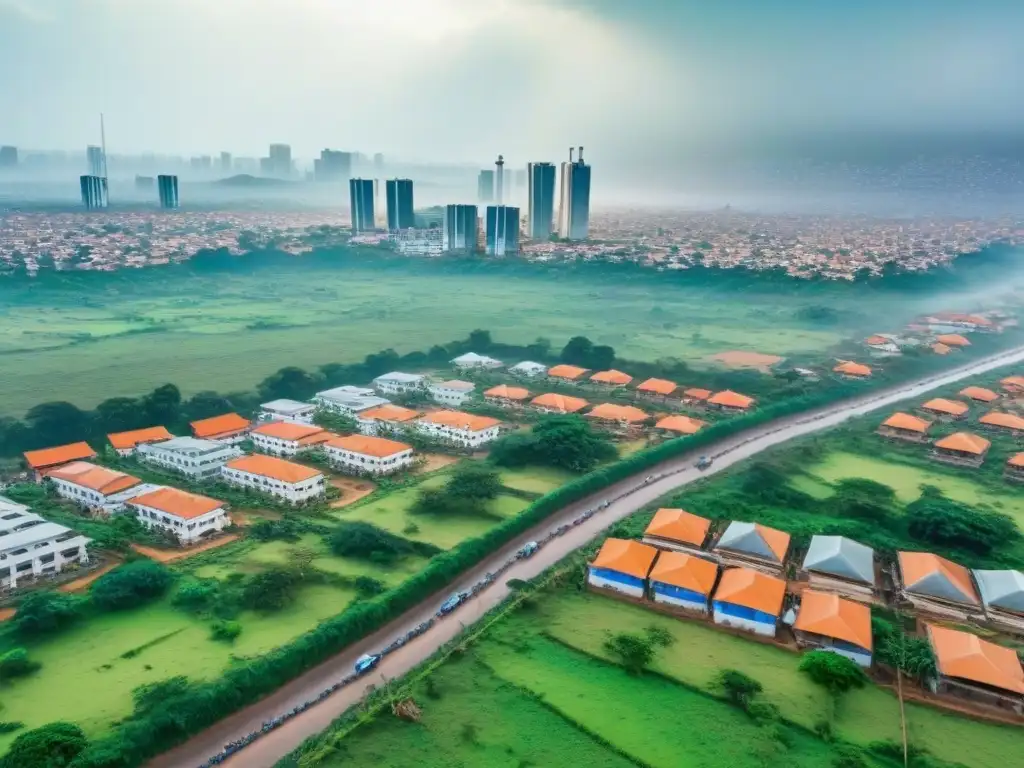 Desarrollo urbano en África Subsahariana: entre tradición y modernidad Inversión inmobiliaria en África: Ciudad vibrante con rascacielos modernos y edificios tradicionales, rodeada de exuberante vegetación