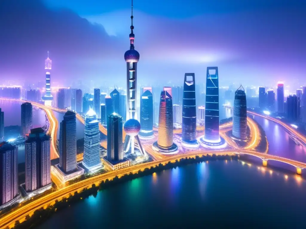 Horizonte futurista de una ciudad china: luces y progreso Inversión inmobiliaria en China: Vibrante skyline futurista de una bulliciosa ciudad china, con rascacielos y calles iluminadas de noche