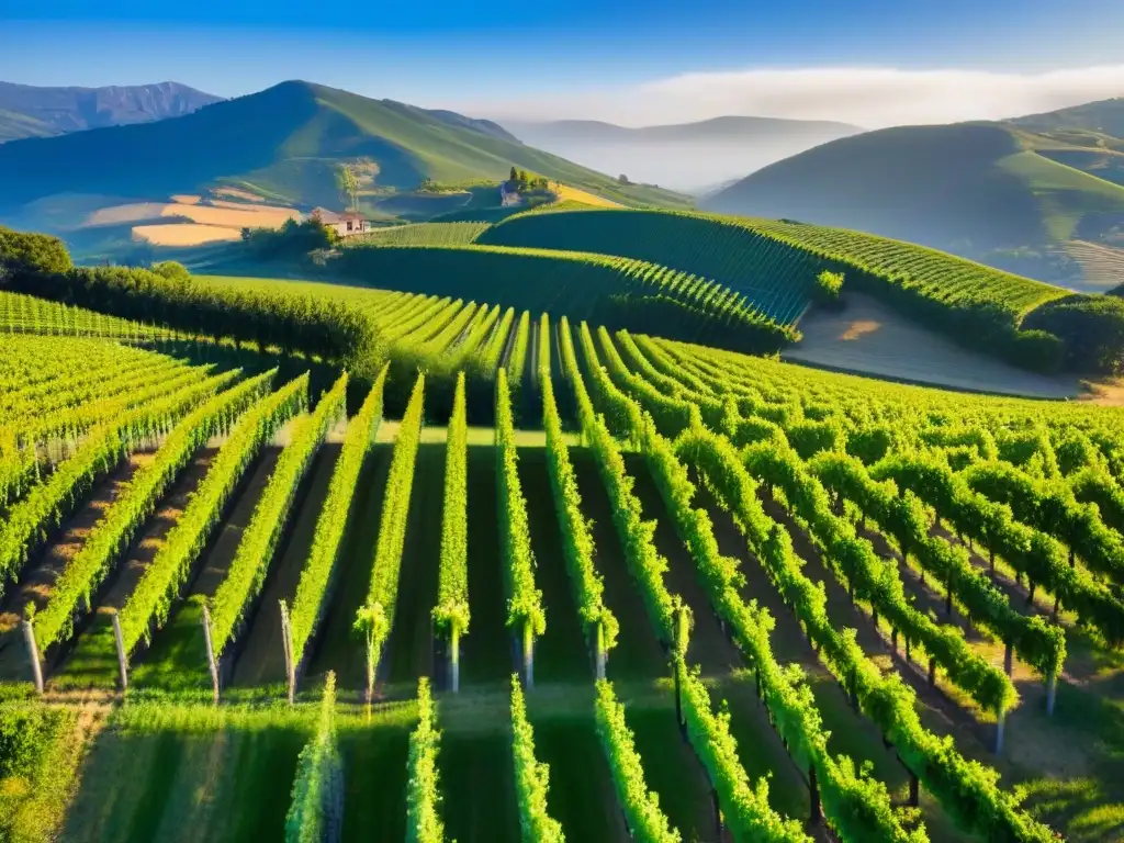 Viñedos exuberantes en paisaje montañoso Inversión inmobiliaria: Viñedos exuberantes y montañas majestuosas en un paisaje sereno y próspero